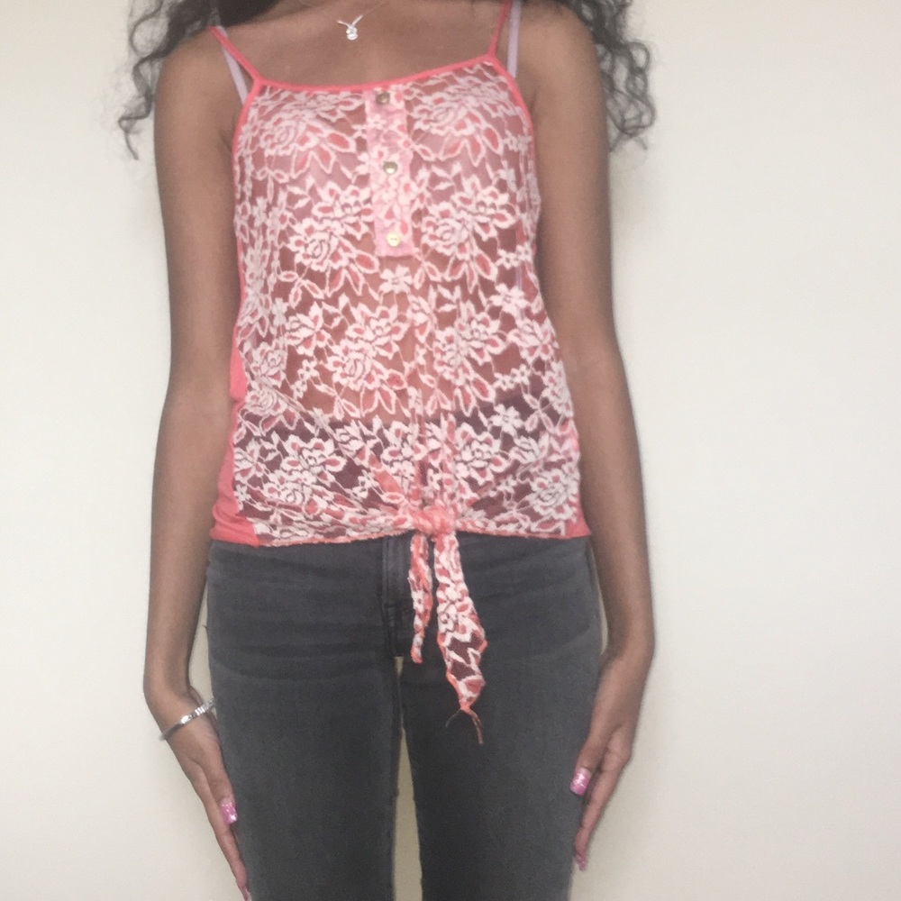 Peachy Orange with white lace blouse.